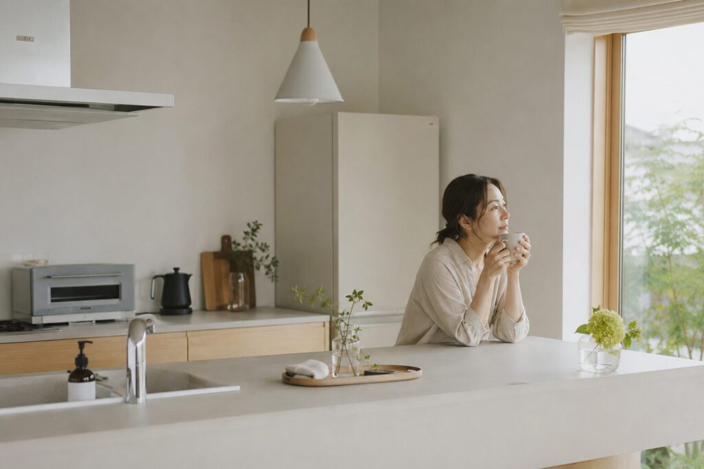 40代女性、朝のキッチン、コーヒーを飲みながら少し疲れた表情で窓の外を見る
