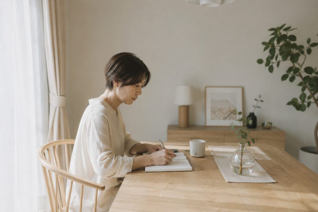 40代女性、朝のダイニングテーブル、ノートに生活習慣を書き出している様子