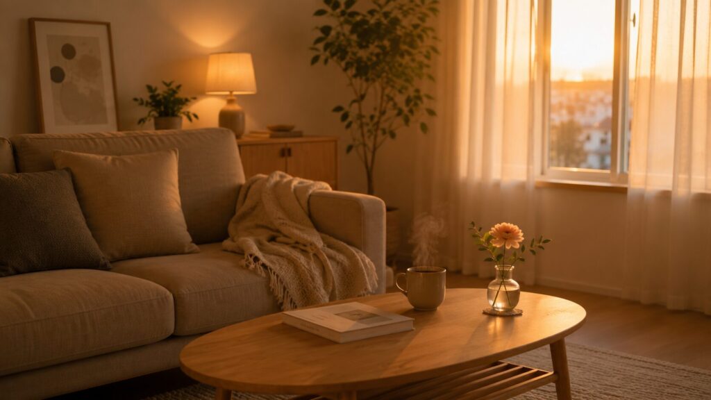夕方のリビング。ソファの上にブランケット、窓からやわらかな夕日が差し込み、部屋全体が温かいオレンジ色に包まれている。テーブルには一輪の花と湯気の立つマグカップ。静かな安心感が伝わる北欧風インテリア。