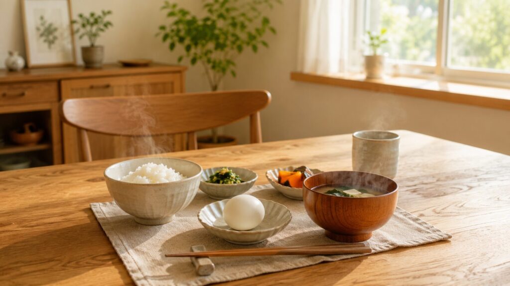 朝食のダイニングテーブル。味噌汁、ゆで卵、小鉢、湯気の立つご飯。シンプルで温かみのある和朝食