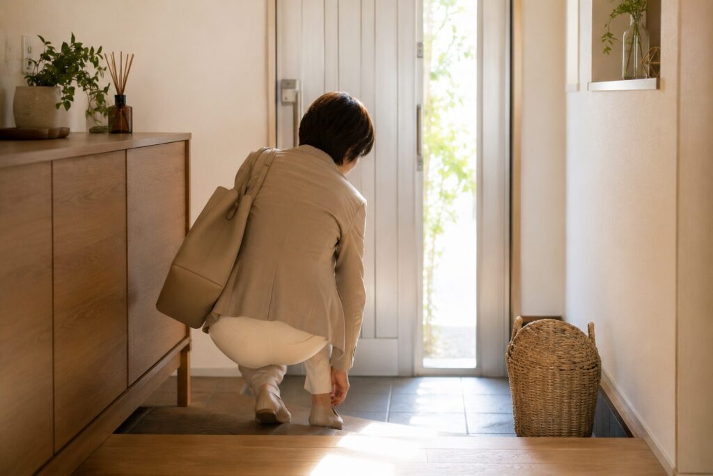 40代日本人女性、通勤前の玄関、バッグを持って急いで靴を履く後ろ姿