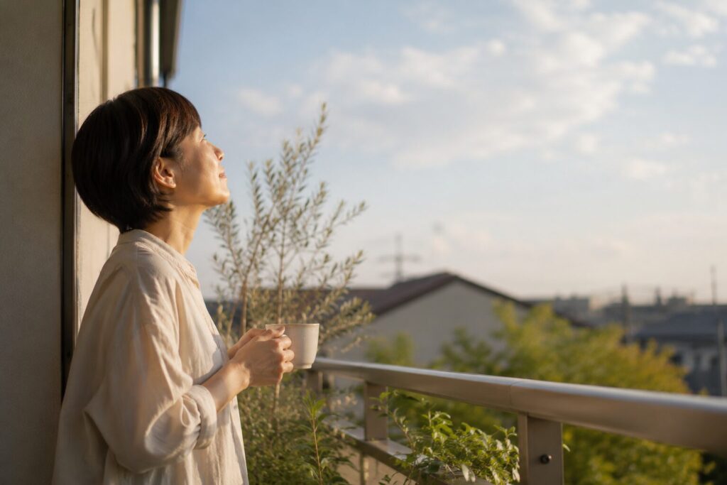 40代日本人女性、ベランダでコーヒーを飲みながら空を見上げる横顔、穏やかな朝