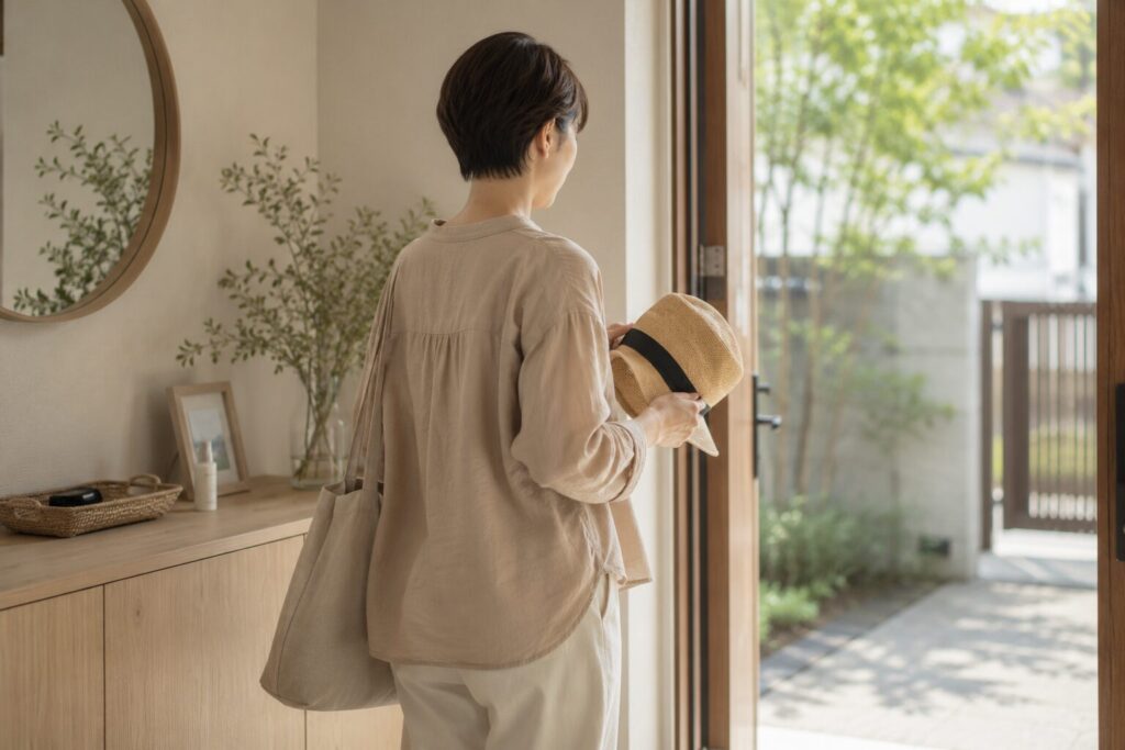 40代日本人女性、朝の玄関で帽子を手に取り、外へ出る前に日焼け止めを塗り終えたような自然な後ろ姿