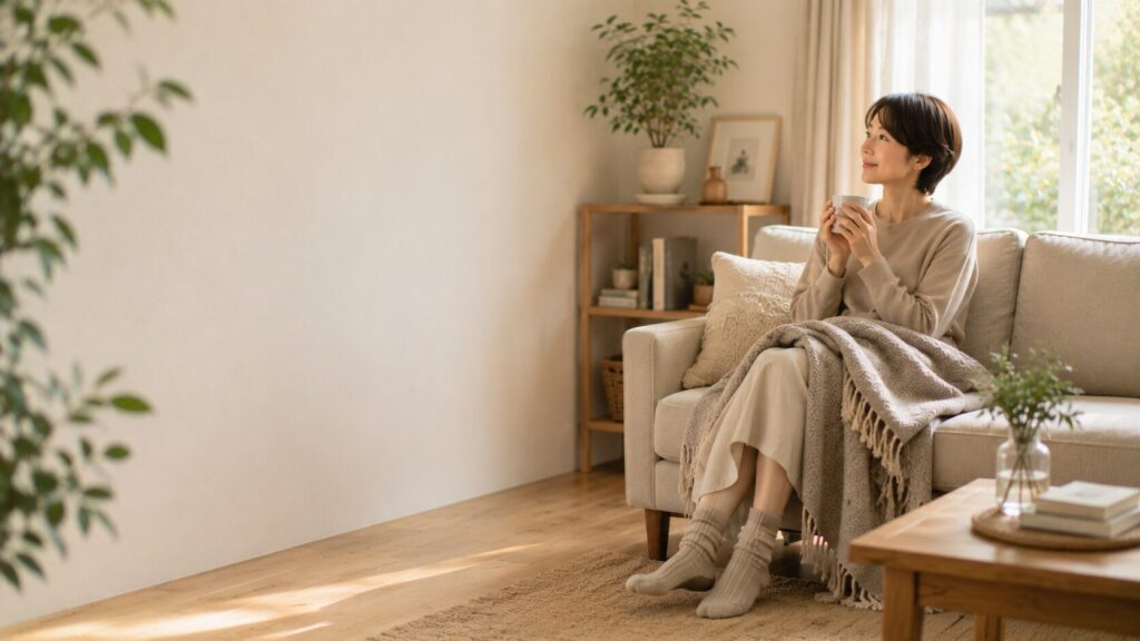 冷え対策をしながら自宅でリラックスする40代女性