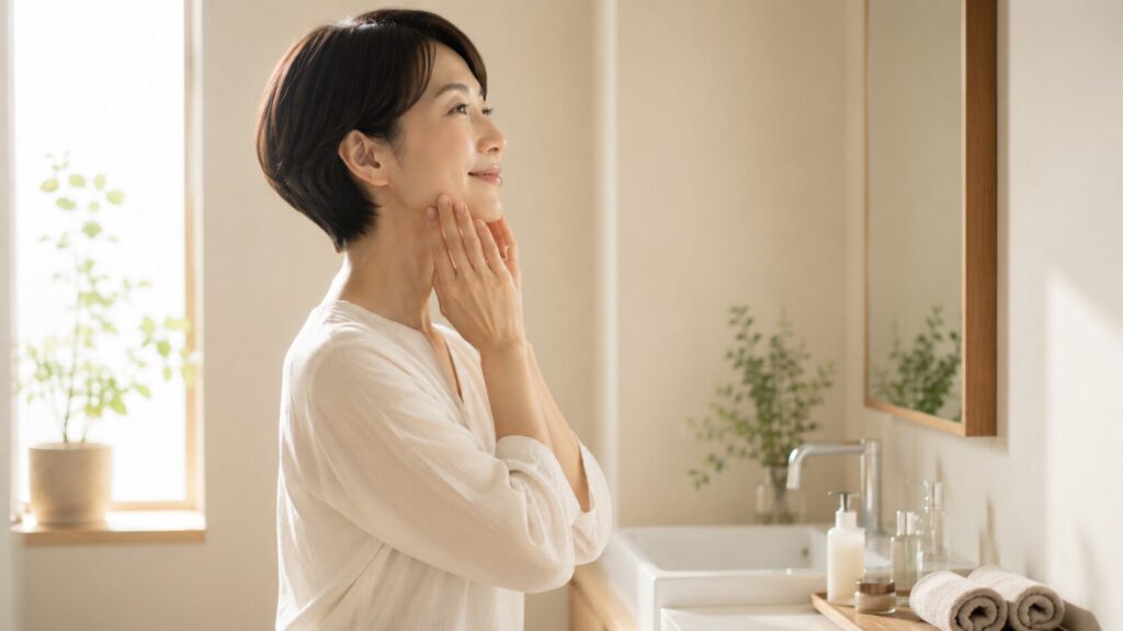 姿勢や表情、髪の清潔感が若々しい印象につながる40代女性