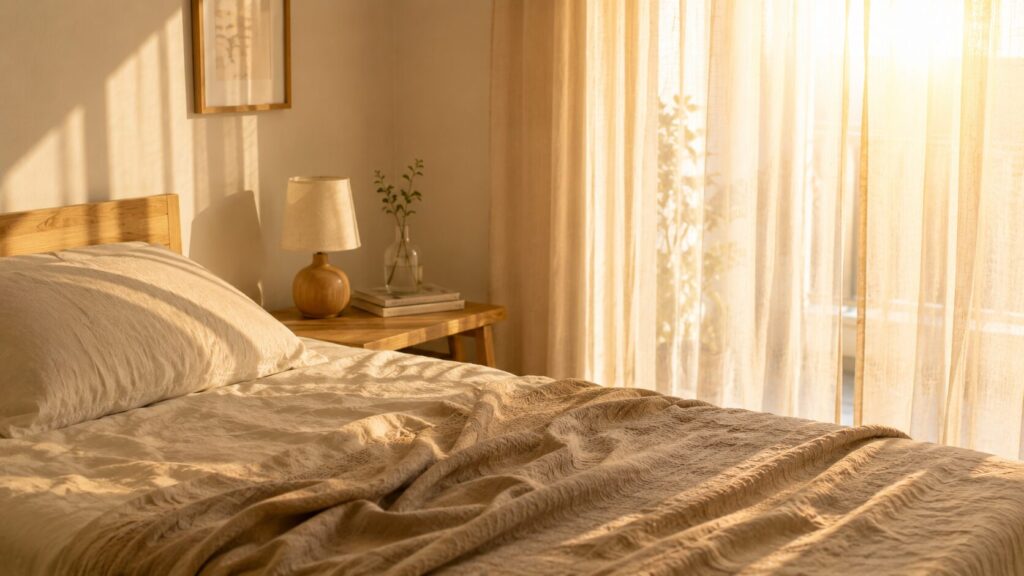 朝日が差し込む寝室。質の良い睡眠をイメージした写真