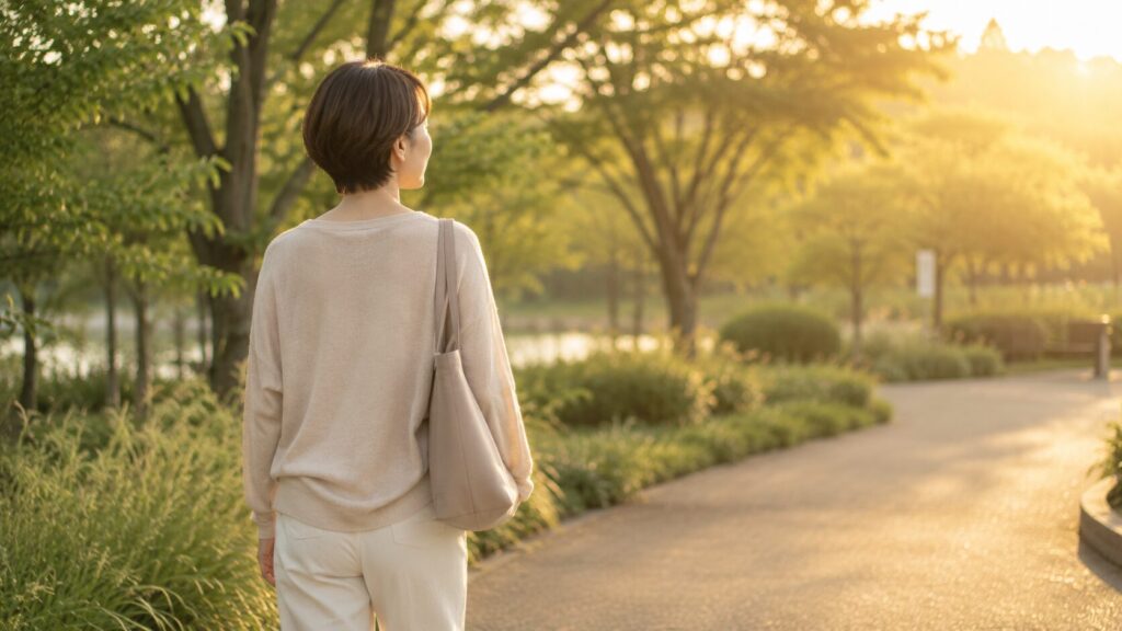 毎日の生活習慣を大切にしながら自然体で過ごす40代女性の後ろ姿