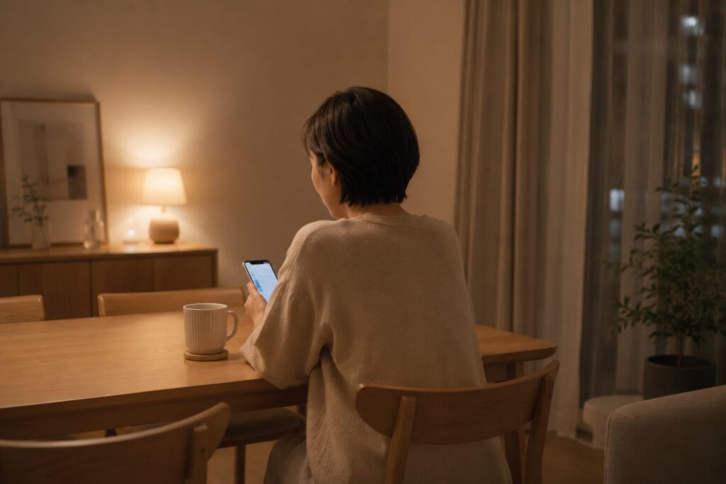 40代日本人女性、夜のダイニングテーブル、一人で座りながらスマホを見ている後ろ姿