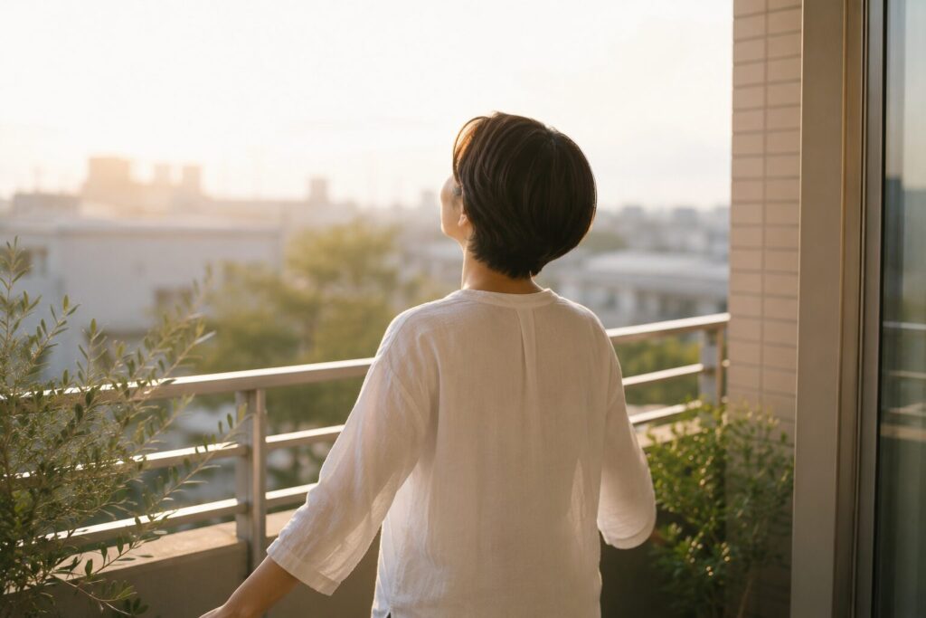 40代日本人女性、朝のベランダ、朝日を浴びながら深呼吸する後ろ姿