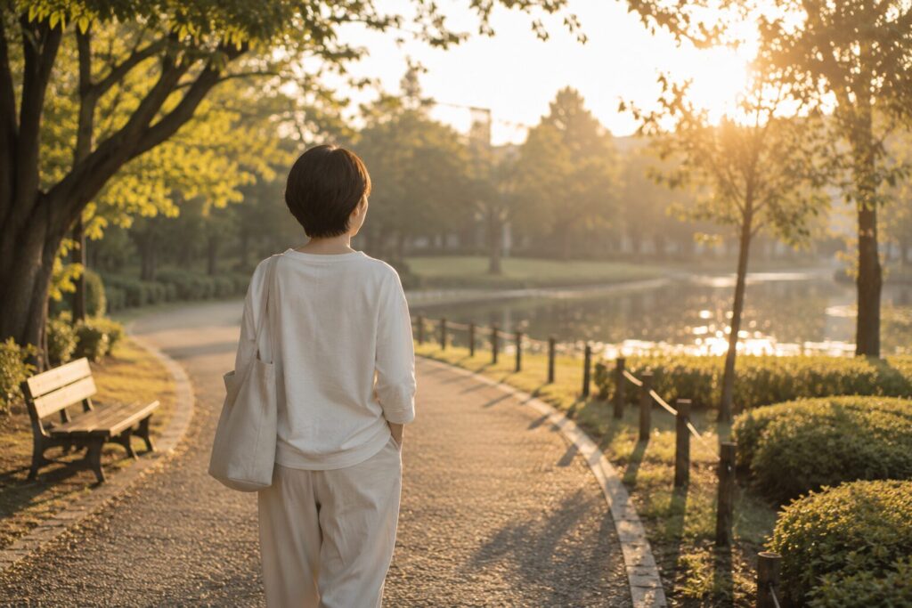 40代日本人女性、朝の公園をゆっくり歩く後ろ姿、柔らかい朝日
