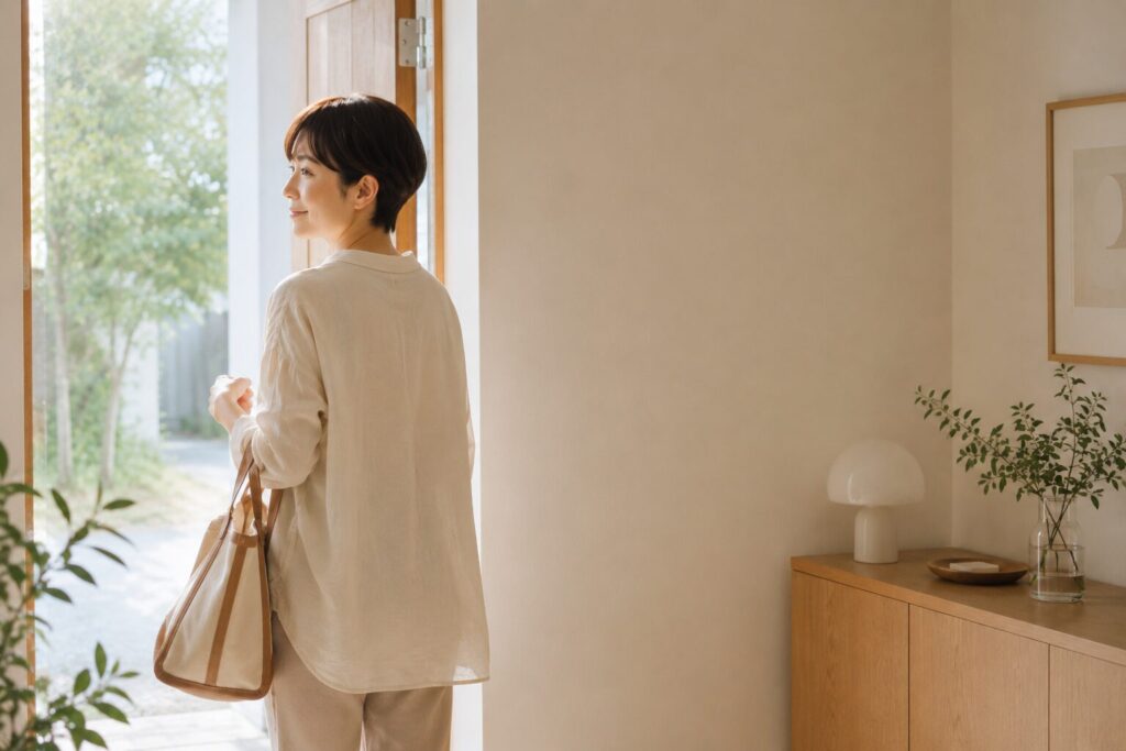40代日本人女性、朝の玄関でバッグを持ち、自然な笑顔で出かける後ろ姿