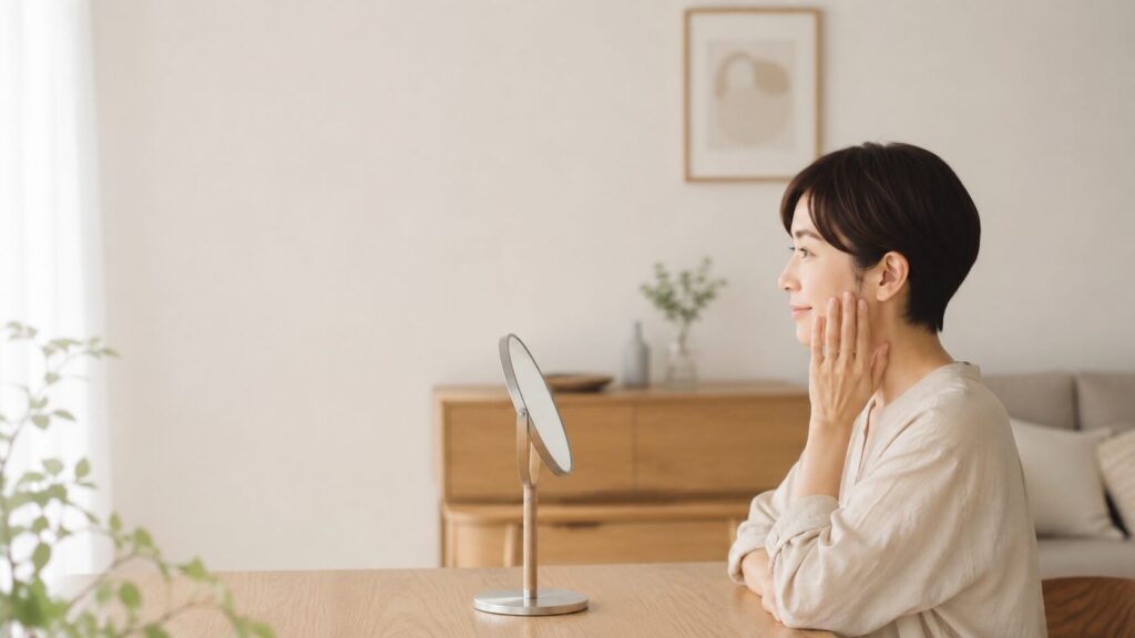 40代日本人女性、リビングで鏡を見ながら頬にそっと触れ、自分の肌状態を確認している横顔