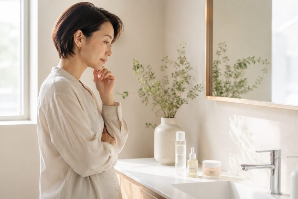 40代日本人女性、朝の洗面台で鏡を見ながら少し考える表情