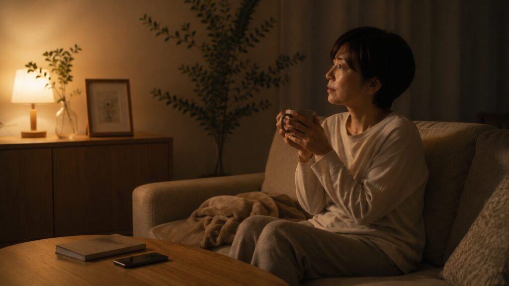 40代日本人女性、ショートヘア、夜のリビング、ソファに静かに座り、マグカップを両手で包みながら少し疲れた表情で遠くを見つめる横顔