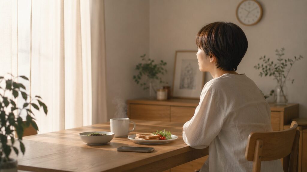40代日本人女性、ショートヘア、朝のダイニングテーブル、一人で椅子に座り、まだ手を付けていない朝食と湯気の立つマグカップを前に、少しぼんやりと時計を見つめている横顔。