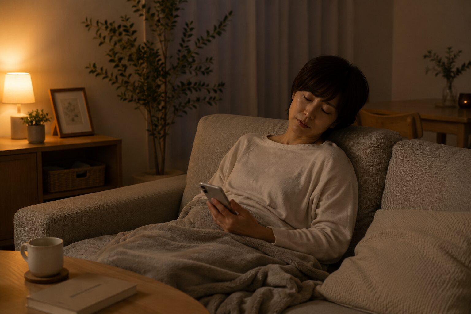 40代日本人女性、夜のリビング、ソファでスマホを持ったまま眠そうにしている様子