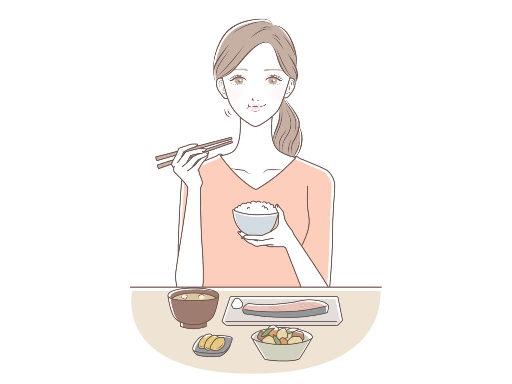 よく噛んで食べる女性のイラスト