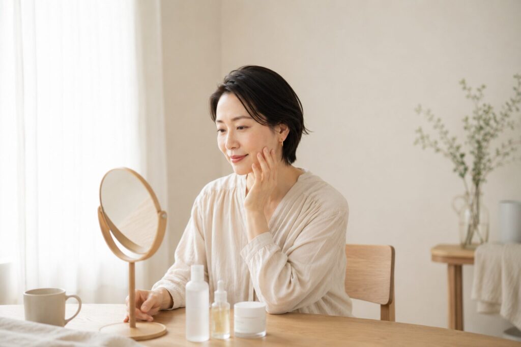 鏡を見ながら左手で頬に触れる40代女性