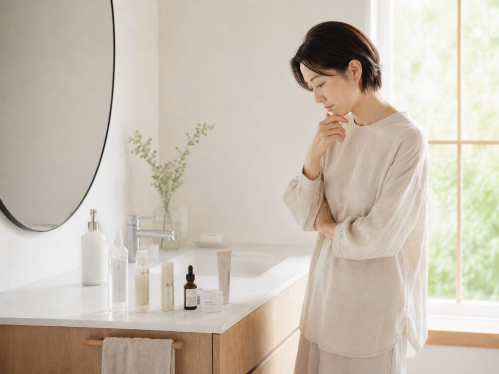 40代女性が洗面台の前で化粧水・美容液・クリームが並び、どれを使うか迷っている様子