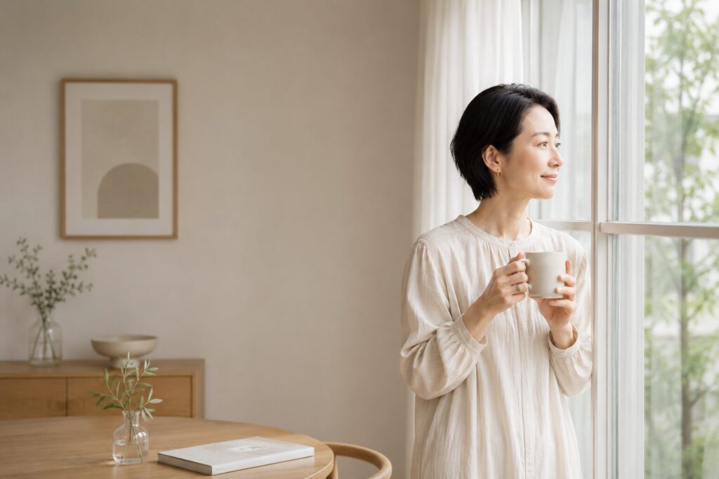 40代女性が窓辺でマグカップを持ちながら穏やかな表情で外を眺める